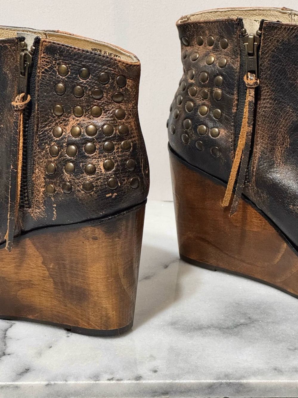 Bed Stu Ghent Brown Distressed Leather Studded Wooden Platform Wedge Ankle Boot - Picture 5 of 6